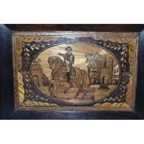 638 - A 19TH CENTURY NAPOLEONIC STRAW WORK FRAMED PICTURE, marquetry of straw depicting Napoleon on horseb... 