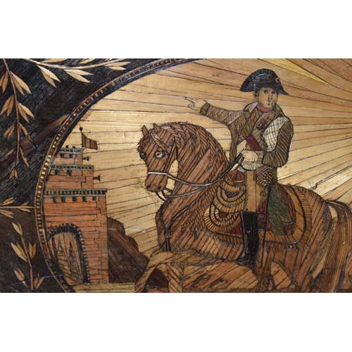 638 - A 19TH CENTURY NAPOLEONIC STRAW WORK FRAMED PICTURE, marquetry of straw depicting Napoleon on horseb... 