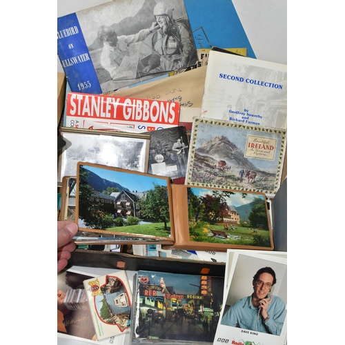 643 - ONE BOX OF POSTCARDS AND EPHEMERA, to include a collection of mid-century souvenir postcards, a coll... 