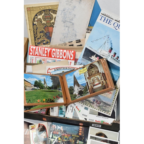 643 - ONE BOX OF POSTCARDS AND EPHEMERA, to include a collection of mid-century souvenir postcards, a coll... 