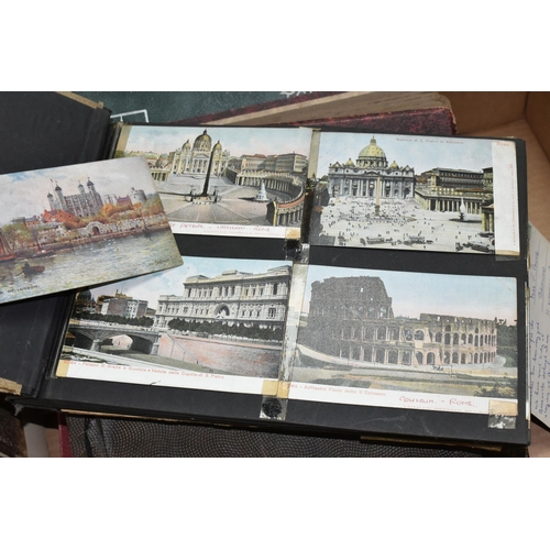 649 - ONE BOX OF EPHEMERA containing albums of early 20th century postcards from Europe and the UK, scrapb... 