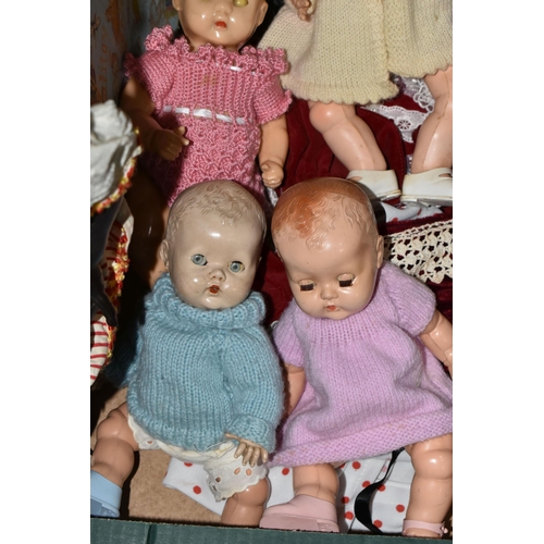 651 - ONE BOX OF VINTAGE DOLLS, to include a 1950's boxed Palitoy walking doll in original dress and shoes... 