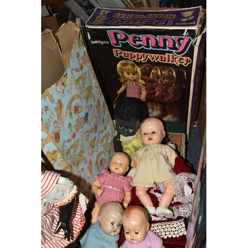 651 - ONE BOX OF VINTAGE DOLLS, to include a 1950's boxed Palitoy walking doll in original dress and shoes... 