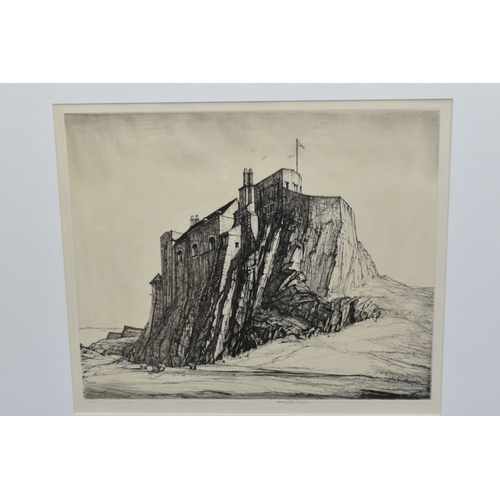 654 - HENRY RUSHBURY (1889-1968) 'LINDISFARNE CASTLE', an etching depicing the castle perched at the top o... 