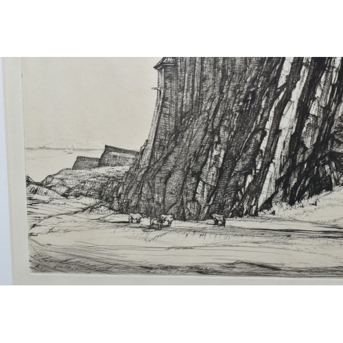 654 - HENRY RUSHBURY (1889-1968) 'LINDISFARNE CASTLE', an etching depicing the castle perched at the top o... 