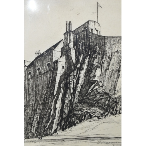 654 - HENRY RUSHBURY (1889-1968) 'LINDISFARNE CASTLE', an etching depicing the castle perched at the top o... 