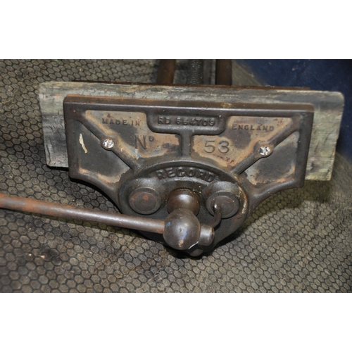 1051 - A RECORD NO 53 WOOD WORKING VICE with 10 1/2in jaws, one wooden protector and quick release lever (C... 