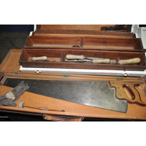 1072 - TWO WOODEN CARPENTERS TOOLBOXES CONTAINING TOOLS including a boxed saw, toolmakers clamps, files, sa... 