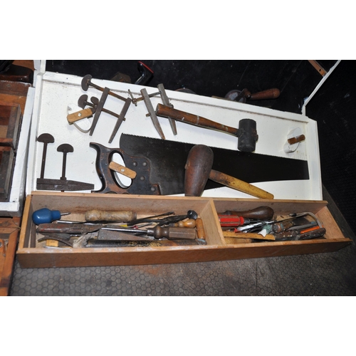 1072 - TWO WOODEN CARPENTERS TOOLBOXES CONTAINING TOOLS including a boxed saw, toolmakers clamps, files, sa... 