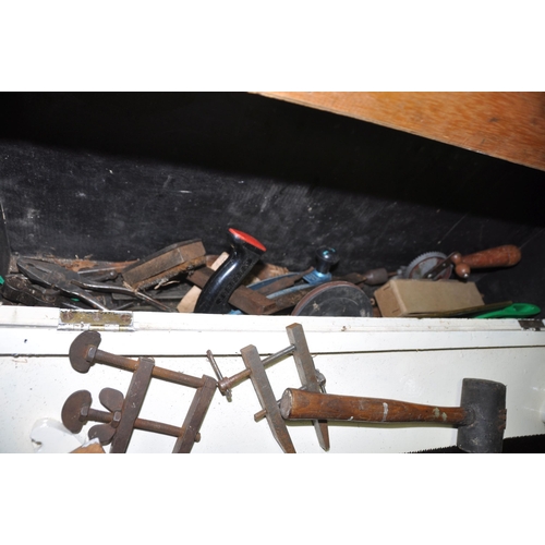 1072 - TWO WOODEN CARPENTERS TOOLBOXES CONTAINING TOOLS including a boxed saw, toolmakers clamps, files, sa... 