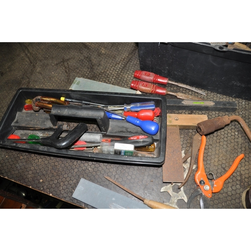 1073 - A PLASTIC TOOLBOX AND A TRAY CONTAINING TOOLS including a brace, chisels hammers, saws, a Dronfield ... 