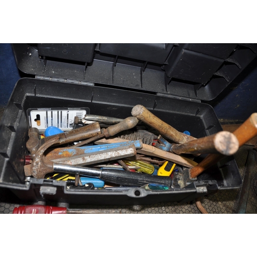 1073 - A PLASTIC TOOLBOX AND A TRAY CONTAINING TOOLS including a brace, chisels hammers, saws, a Dronfield ... 