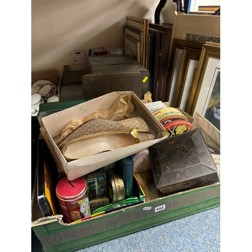 552 - TWO BOXES AND LOOSE ADVERTISING TINS, PICTURES AND SHOES, to include approximately twenty vintage an... 