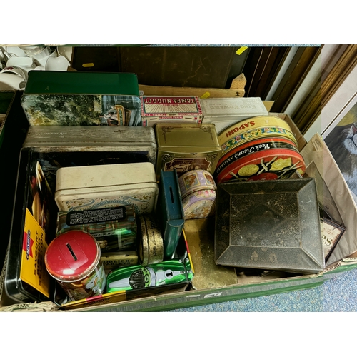 552 - TWO BOXES AND LOOSE ADVERTISING TINS, PICTURES AND SHOES, to include approximately twenty vintage an... 