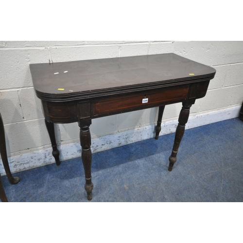 1206 - A GEORGIAN MAHOGANY FOLD OVER TEA TABLE, single frieze drawer, on turned legs, width 100cm x depth 5... 