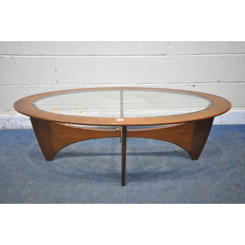 1212 - A MID CENTURY G PLAN ASTRO OVAL COFFEE TABLE, with a glass insert, width 122cm x depth 66cm x height... 