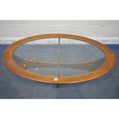 1212 - A MID CENTURY G PLAN ASTRO OVAL COFFEE TABLE, with a glass insert, width 122cm x depth 66cm x height... 