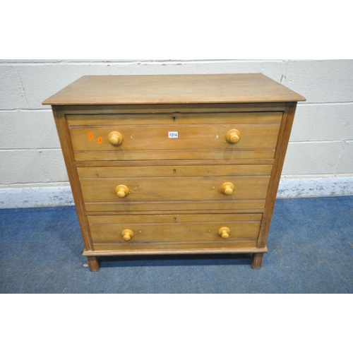 1214 - AN EDWARDIAN SATINWOOD CHEST OF THREE DRAWERS, width 84cm x depth 48cm x height 82cm (condition repo... 