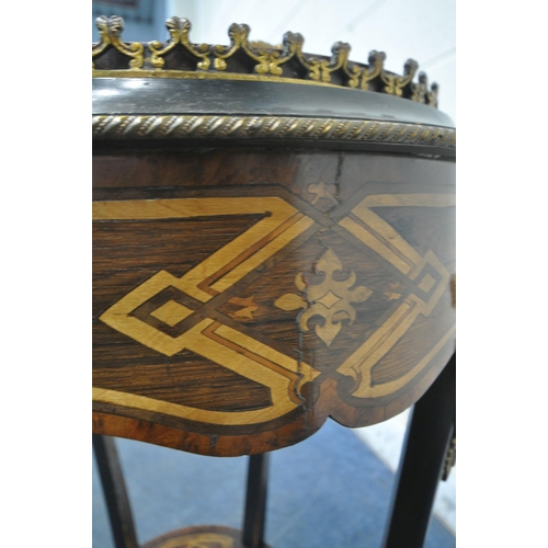 1217 - A LOUIS XV MARQUETRY INLAID SERPENTINE PLANTER TABLE, the twin handled lid with a painted porcelain ... 