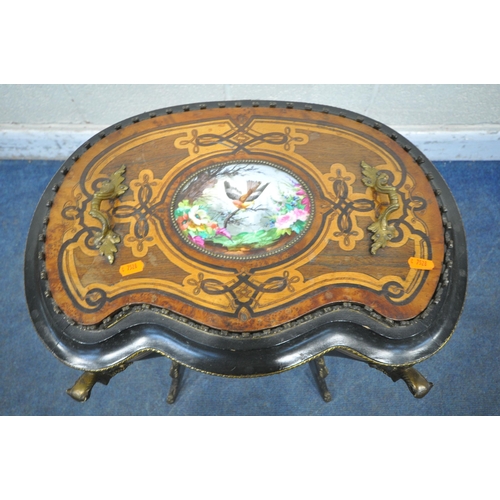 1217 - A LOUIS XV MARQUETRY INLAID SERPENTINE PLANTER TABLE, the twin handled lid with a painted porcelain ... 