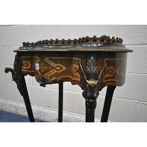 1217 - A LOUIS XV MARQUETRY INLAID SERPENTINE PLANTER TABLE, the twin handled lid with a painted porcelain ... 