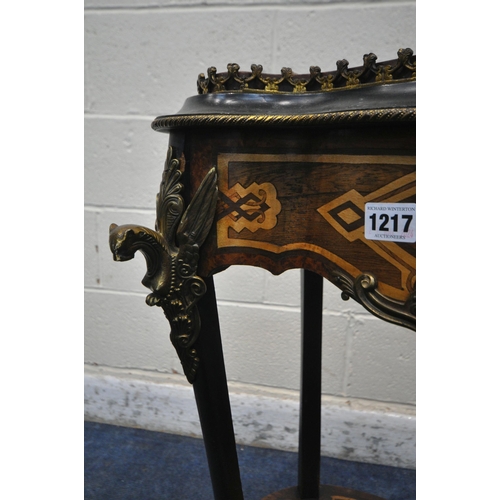 1217 - A LOUIS XV MARQUETRY INLAID SERPENTINE PLANTER TABLE, the twin handled lid with a painted porcelain ... 