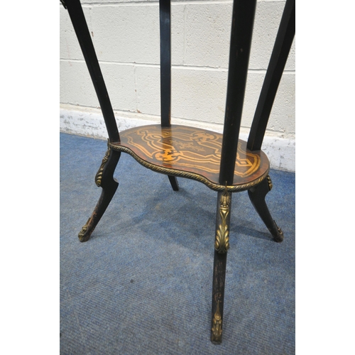 1217 - A LOUIS XV MARQUETRY INLAID SERPENTINE PLANTER TABLE, the twin handled lid with a painted porcelain ... 