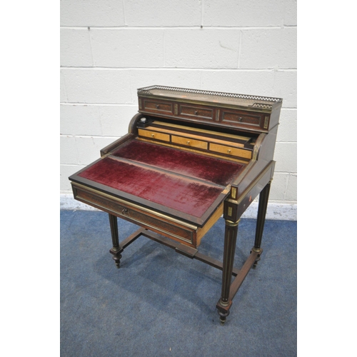 1218 - A LOUIS XVI STYLE ROSEWOOD AND BRASS MARQUETRY INLAID WRITING DESK, first/mid 20th century, with bra... 