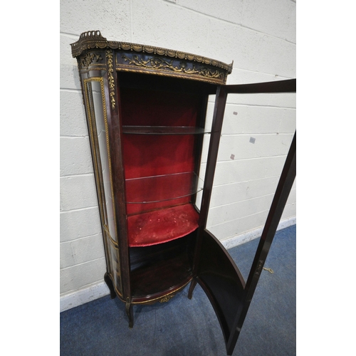 1221 - A LOUIS XV STYLE MAHOGANY SINGLE DOOR VITRINE, with foliate gilt metal mounts, pierced gallery, trip... 