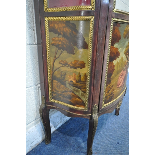 1221 - A LOUIS XV STYLE MAHOGANY SINGLE DOOR VITRINE, with foliate gilt metal mounts, pierced gallery, trip... 