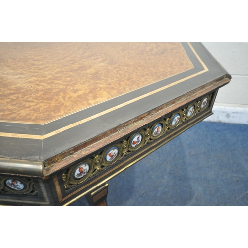 1222 - A MID TO LATE 19TH CENTURY EBONISED AND AMBOYNA OCTAGONAL CENTRE TABLE, with brass and porcelain pla... 