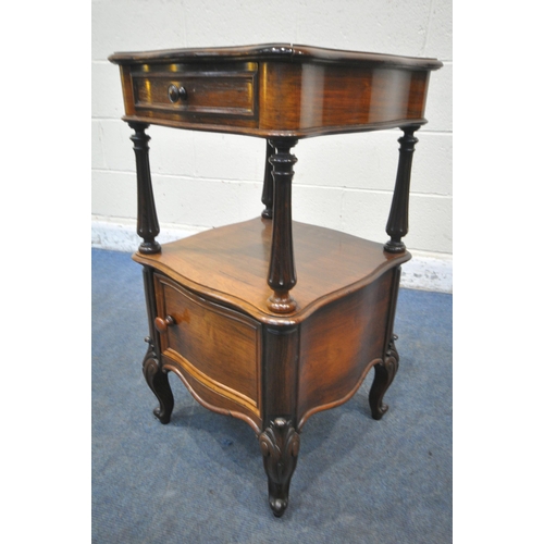 1223 - A VICTORIAN STYLE ROSEWOOD VENEER SERPENTINE LAMP TABLE, with a marquetry inlaid top, single drawer,... 