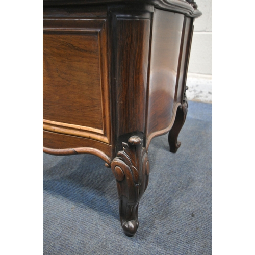 1223 - A VICTORIAN STYLE ROSEWOOD VENEER SERPENTINE LAMP TABLE, with a marquetry inlaid top, single drawer,... 