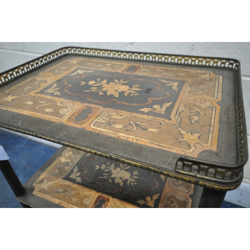 1224 - A FRENCH EBONISED AND MARQUETRY INLAID THREE TIER ETERGERE, with a pieced brass gallery top shelf, w... 