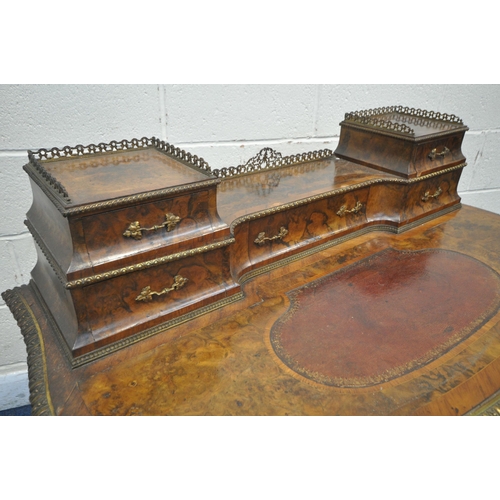 1225 - A VICTORIAN BURR WALNUT AND ROSEWOOD CROSSBANDED LADIES WRITING TABLE, with gilt brass mounts, the r... 