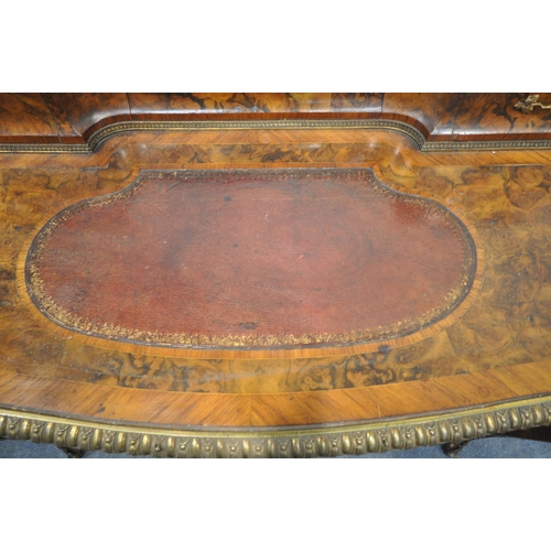 1225 - A VICTORIAN BURR WALNUT AND ROSEWOOD CROSSBANDED LADIES WRITING TABLE, with gilt brass mounts, the r... 