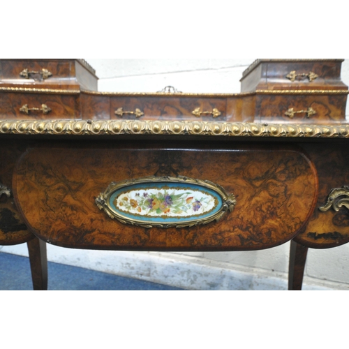 1225 - A VICTORIAN BURR WALNUT AND ROSEWOOD CROSSBANDED LADIES WRITING TABLE, with gilt brass mounts, the r... 