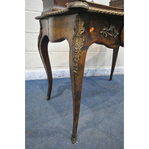 1225 - A VICTORIAN BURR WALNUT AND ROSEWOOD CROSSBANDED LADIES WRITING TABLE, with gilt brass mounts, the r... 