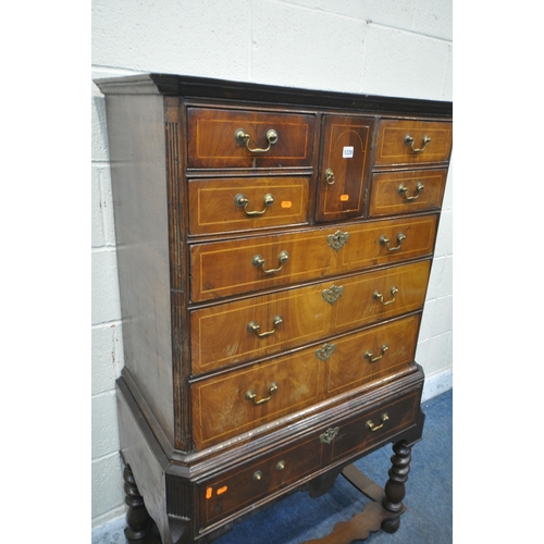 1228 - A WILLIAM AND MARY STYLE WALNUT AND BOX STRUNG CHEST ON STAND, fitted with an arrangement of eight d... 