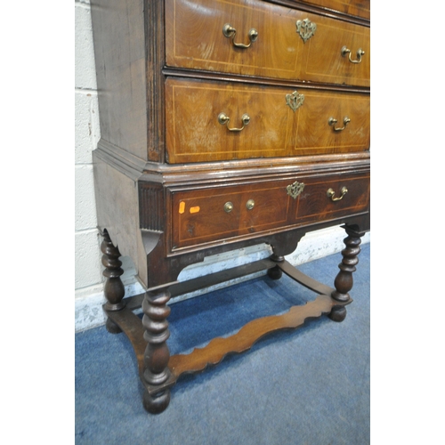 1228 - A WILLIAM AND MARY STYLE WALNUT AND BOX STRUNG CHEST ON STAND, fitted with an arrangement of eight d... 