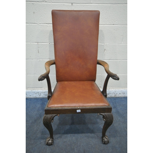 1237 - A GEORGIAN MAHOGANY ARMCHAIR, reupholstered with brown leatherette, the open armrests with an Griffi... 