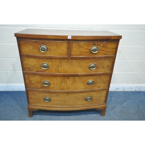 1240 - A GEORGIAN FLAME MAHOGANY BOWFRONT CHEST OF FIVE DRAWERS, with brass handles, on bracket feet, width... 