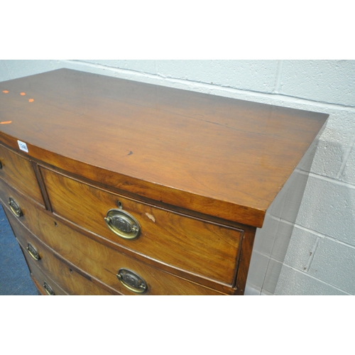 1240 - A GEORGIAN FLAME MAHOGANY BOWFRONT CHEST OF FIVE DRAWERS, with brass handles, on bracket feet, width... 