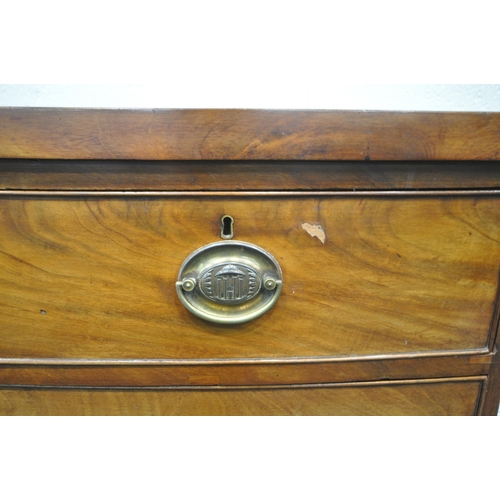 1240 - A GEORGIAN FLAME MAHOGANY BOWFRONT CHEST OF FIVE DRAWERS, with brass handles, on bracket feet, width... 