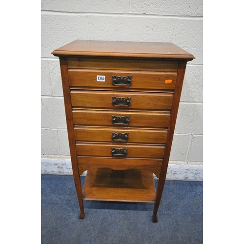 1250 - AN EDWARDIAN WALNUT FIVE DRAWER MUSIC CABINET, width 51cm x depth 37cm x height 95cm (condition repo... 