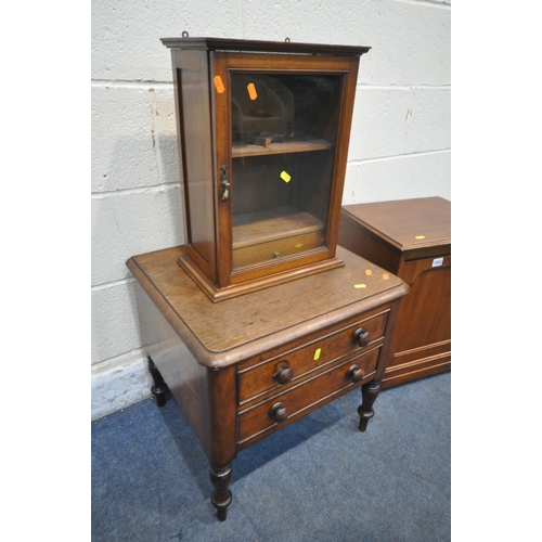 1252 - AN EDWARDIAN MAHOGANY FALL FRONT PURDONIUM, along with a glass front smokers cabinet, and a hinged w... 