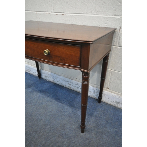 1254 - A GEORGIAN STYLE MAHOGANY BOWFRONT SIDE TABLE, with two drawers, on turned legs, width 97cm x depth ... 