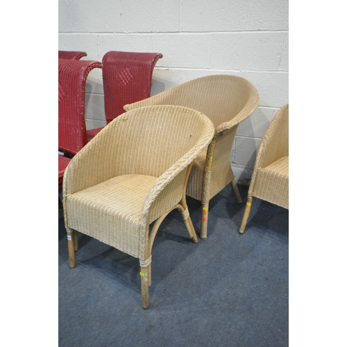 1257 - A LLOYD LOOM WICKER BASKET CHAIR, along with three cream Lloyd loom style chairs, and four red wicke... 