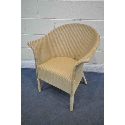 1257 - A LLOYD LOOM WICKER BASKET CHAIR, along with three cream Lloyd loom style chairs, and four red wicke... 