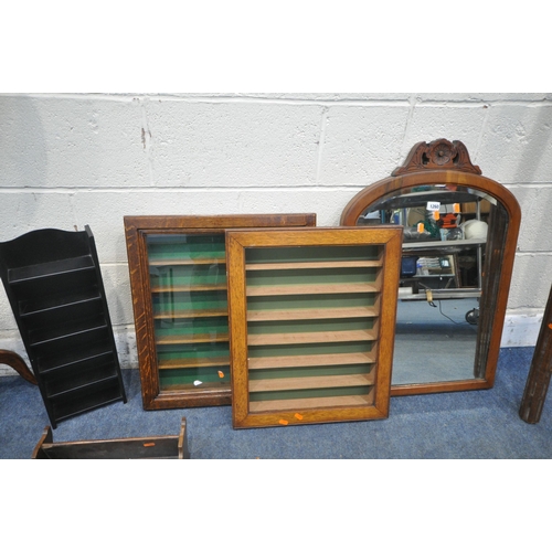 1260 - AN EDWARDIAN MAHOGANY PIANO STOOL, a Georgian style pole screen, two oak collectors display cases, m... 